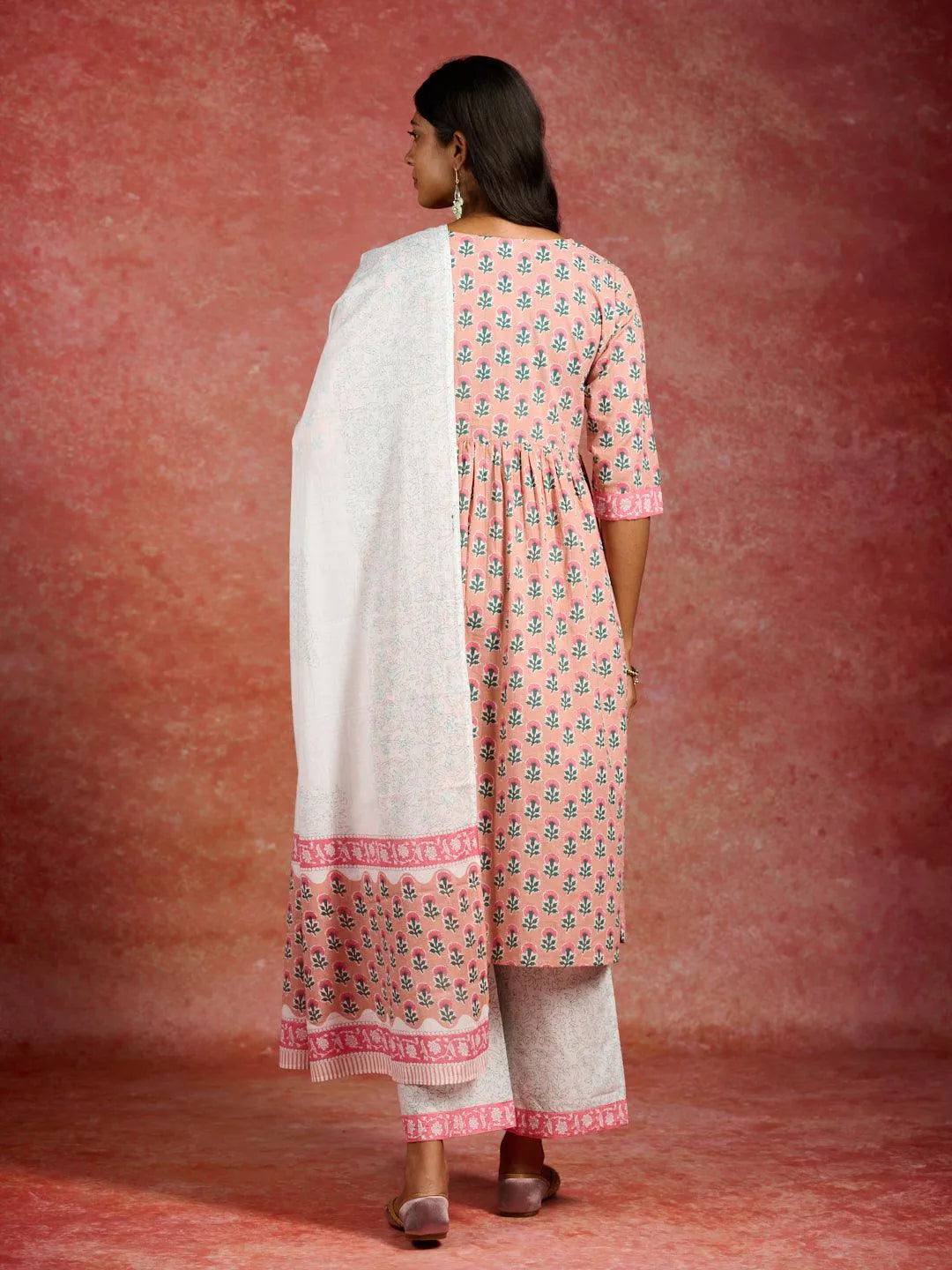 Peach Printed Cotton A-Line Kurta With Palazzos & Dupatta - Libas 