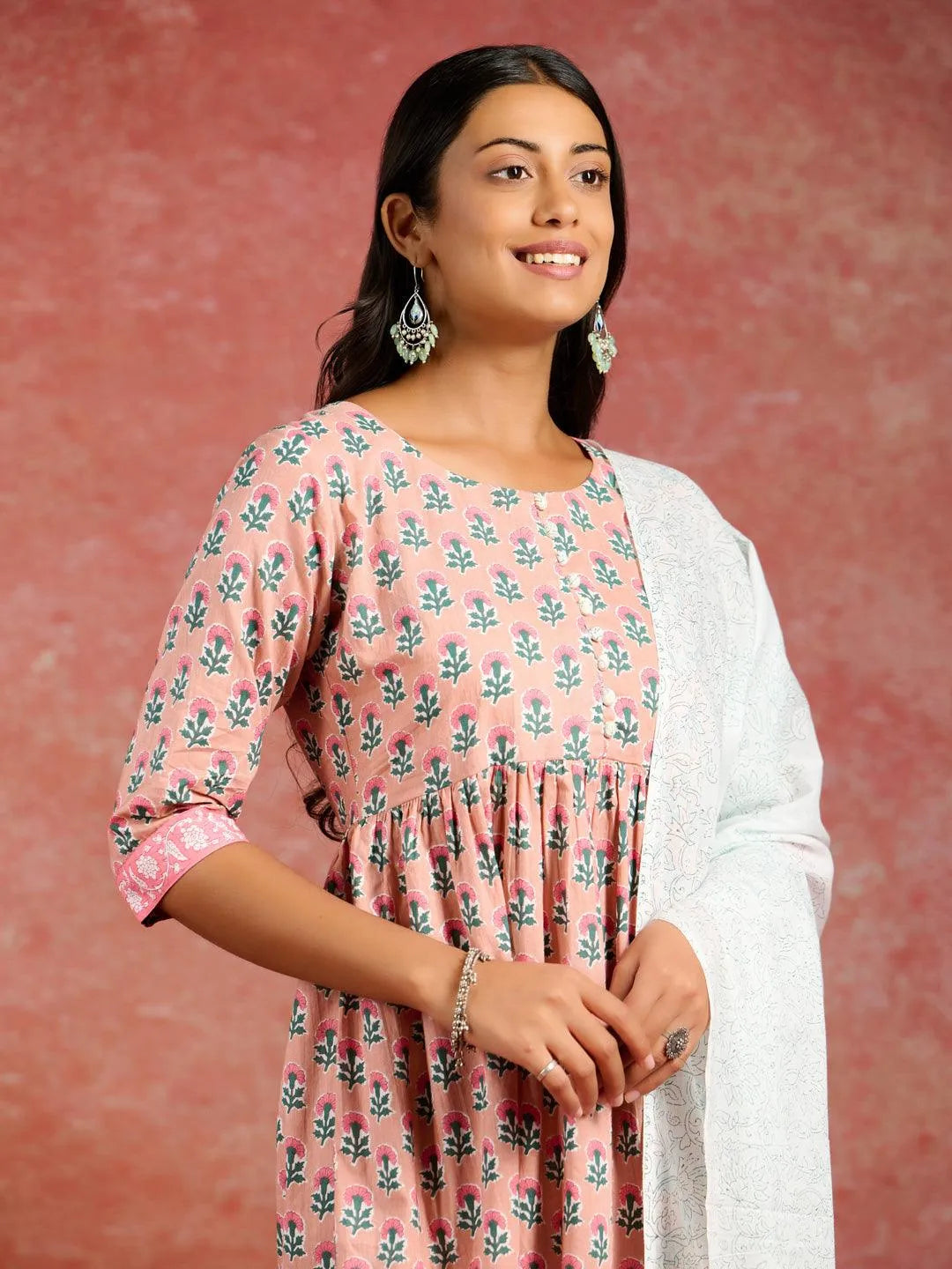 Peach Printed Cotton A-Line Kurta With Palazzos & Dupatta - Libas 