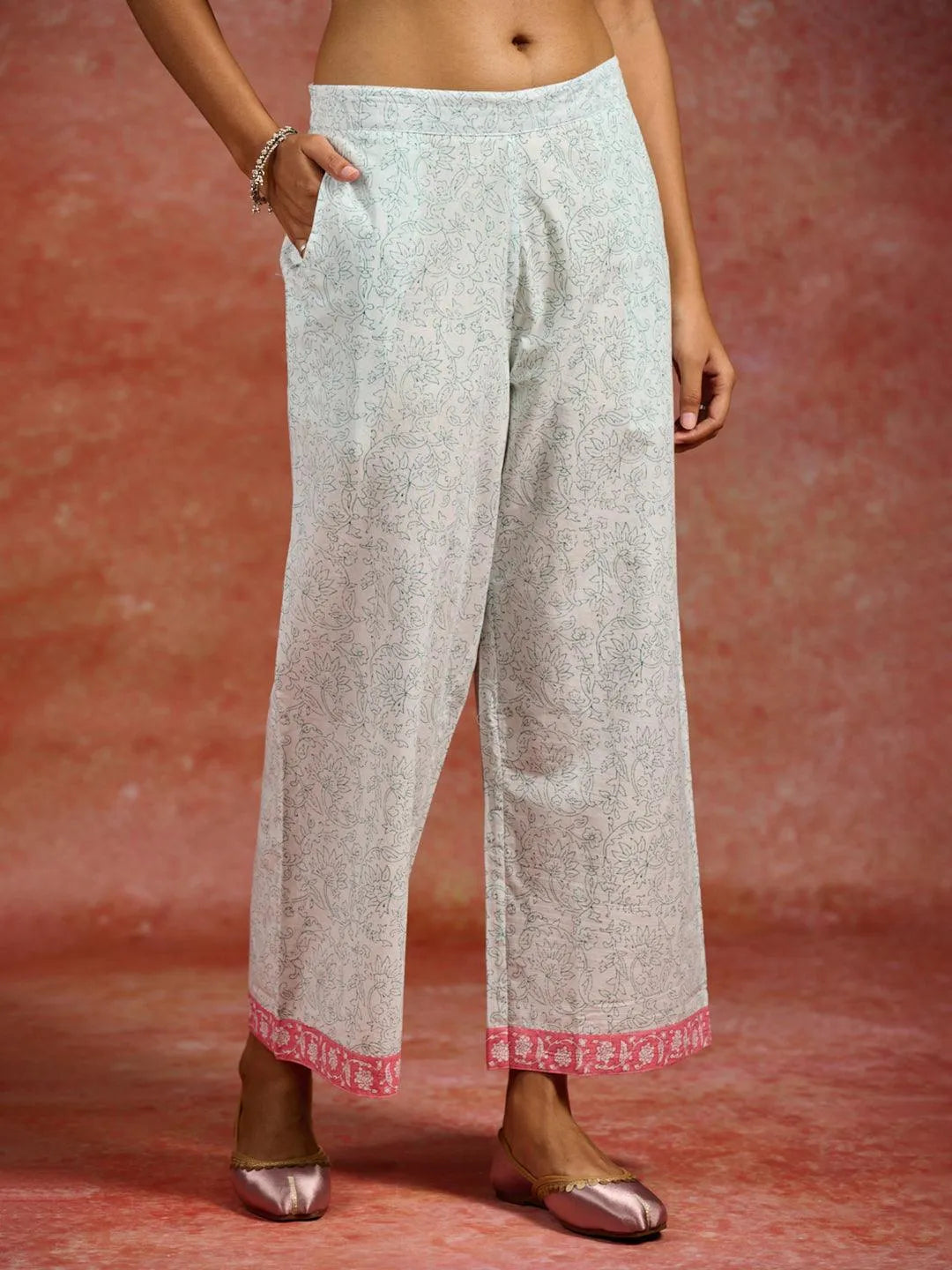 Peach Printed Cotton A-Line Kurta With Palazzos & Dupatta - Libas 