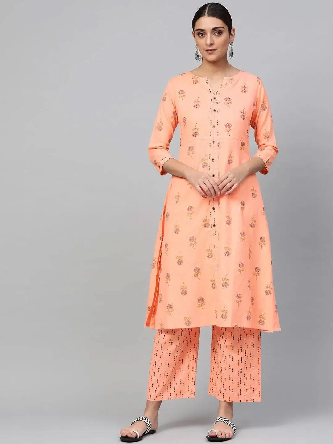  Peach Printed Cotton A-Line Kurta With Palazzos 
