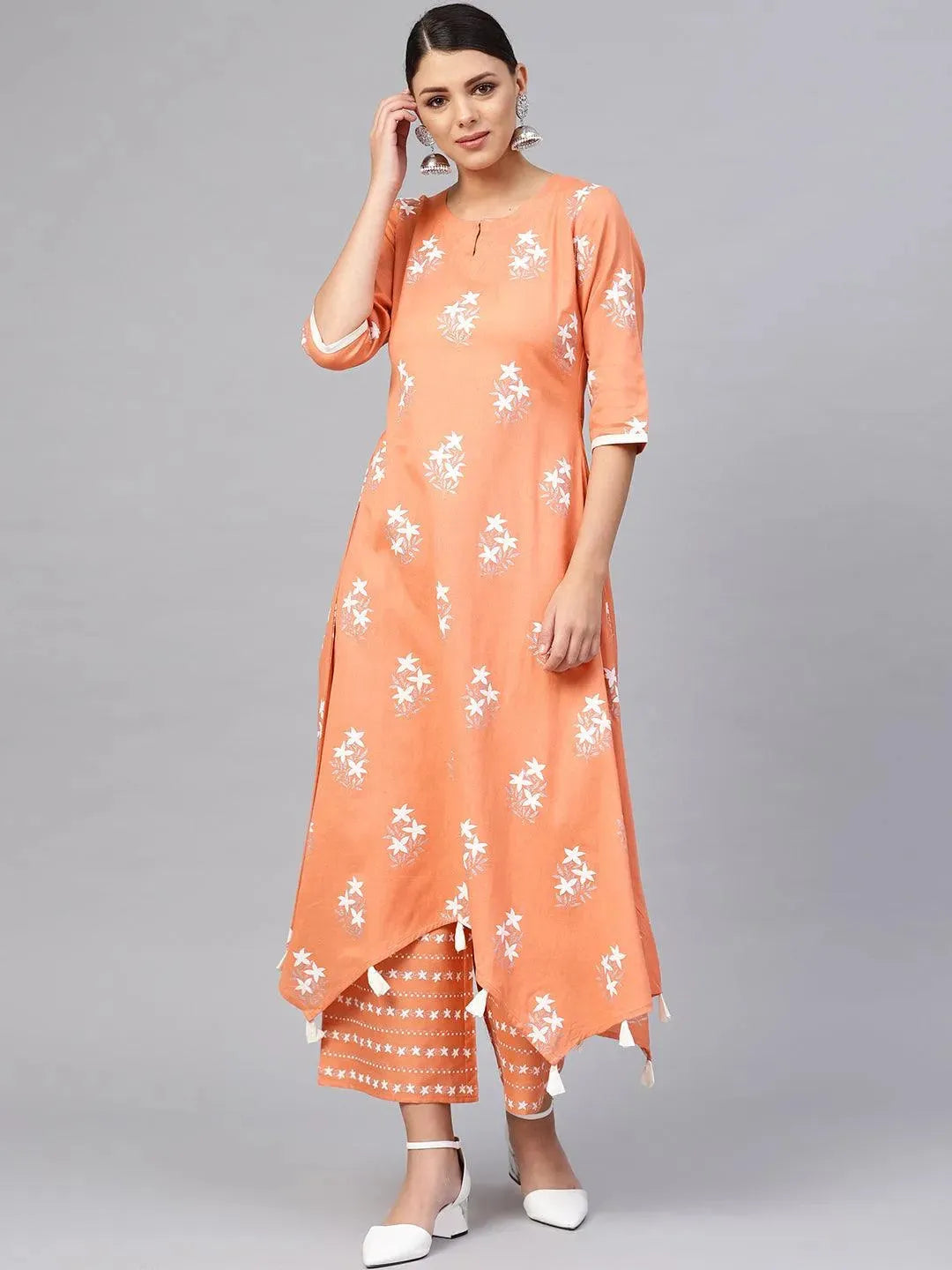 Peach Printed Cotton Kurta Set - Libas