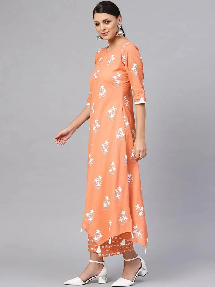 Peach Printed Cotton Kurta Set - Libas