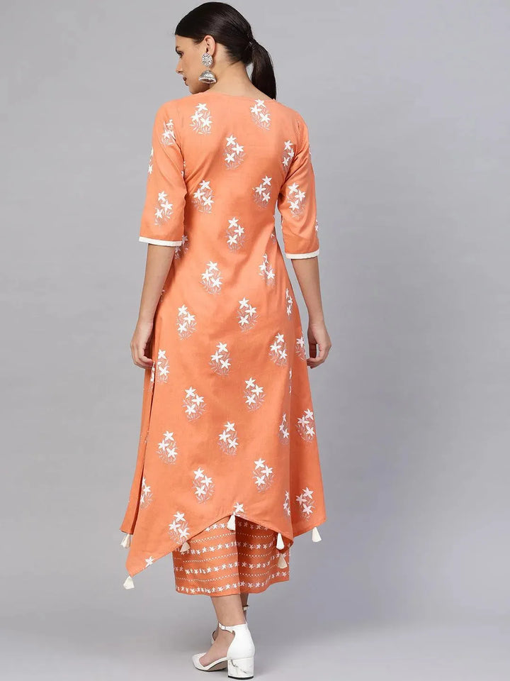 Peach Printed Cotton Kurta Set - Libas