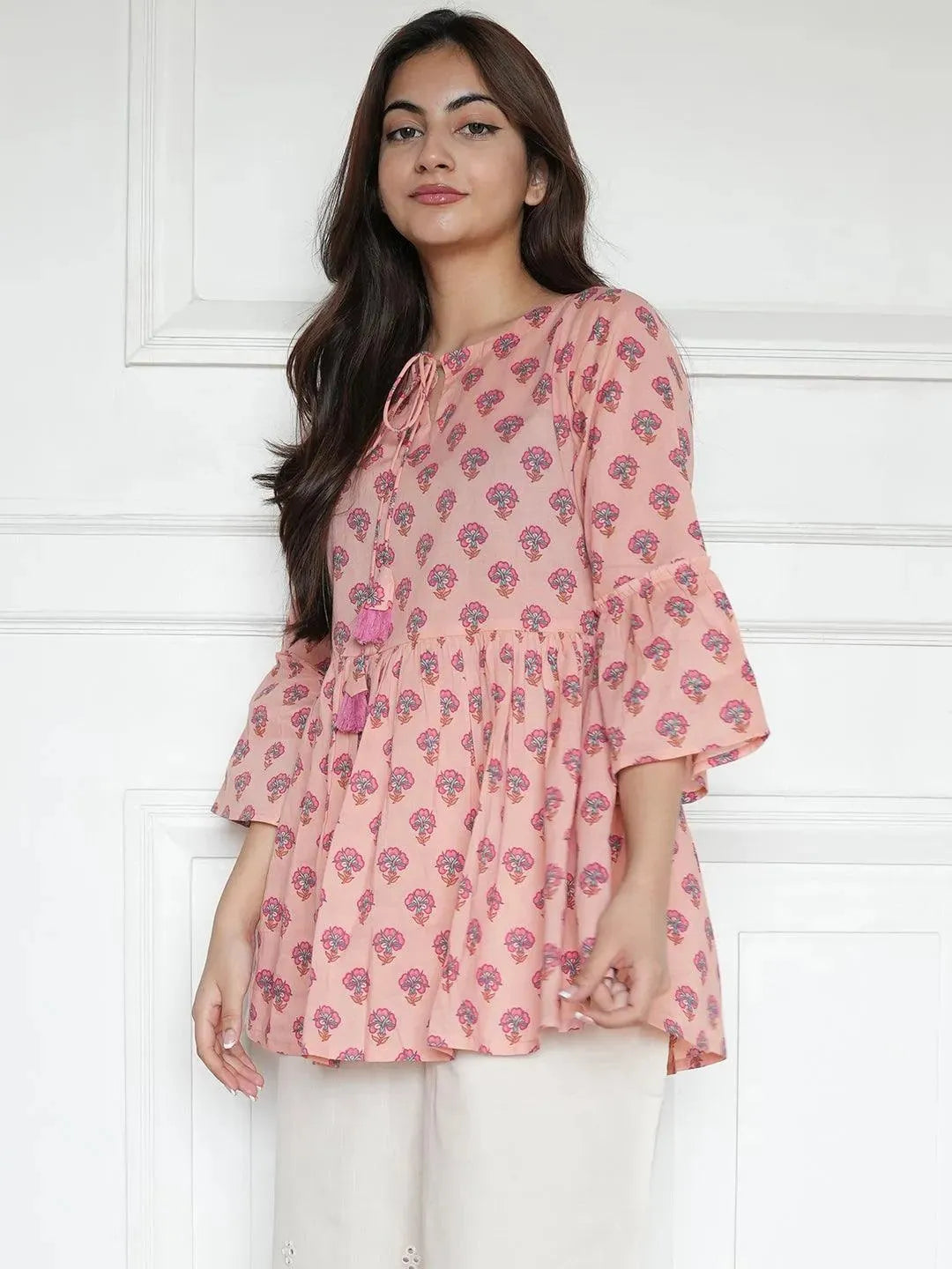 Peach Printed Cotton A-Line Kurti - Libas