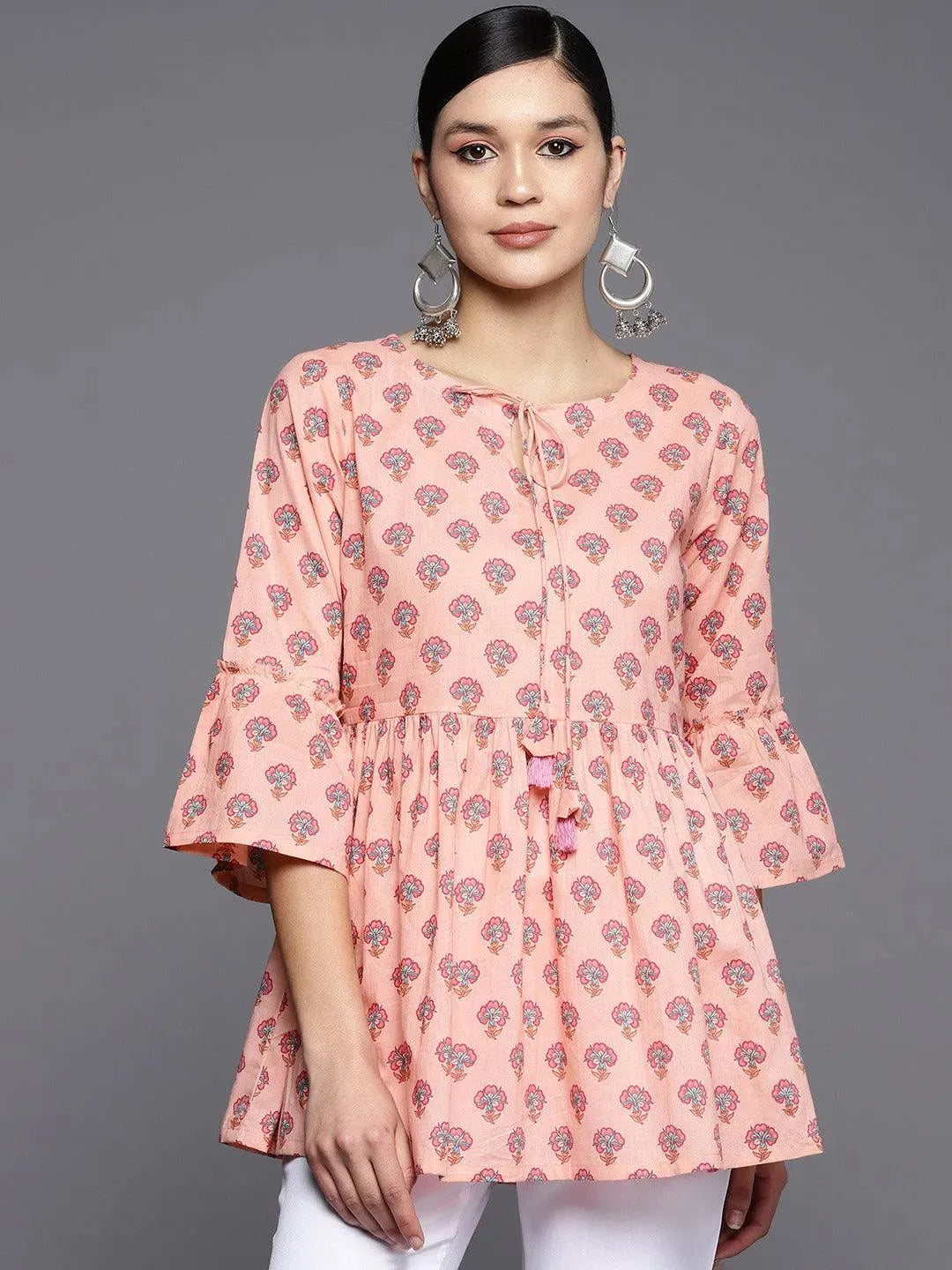 Peach Printed Cotton A-Line Kurti - Libas 