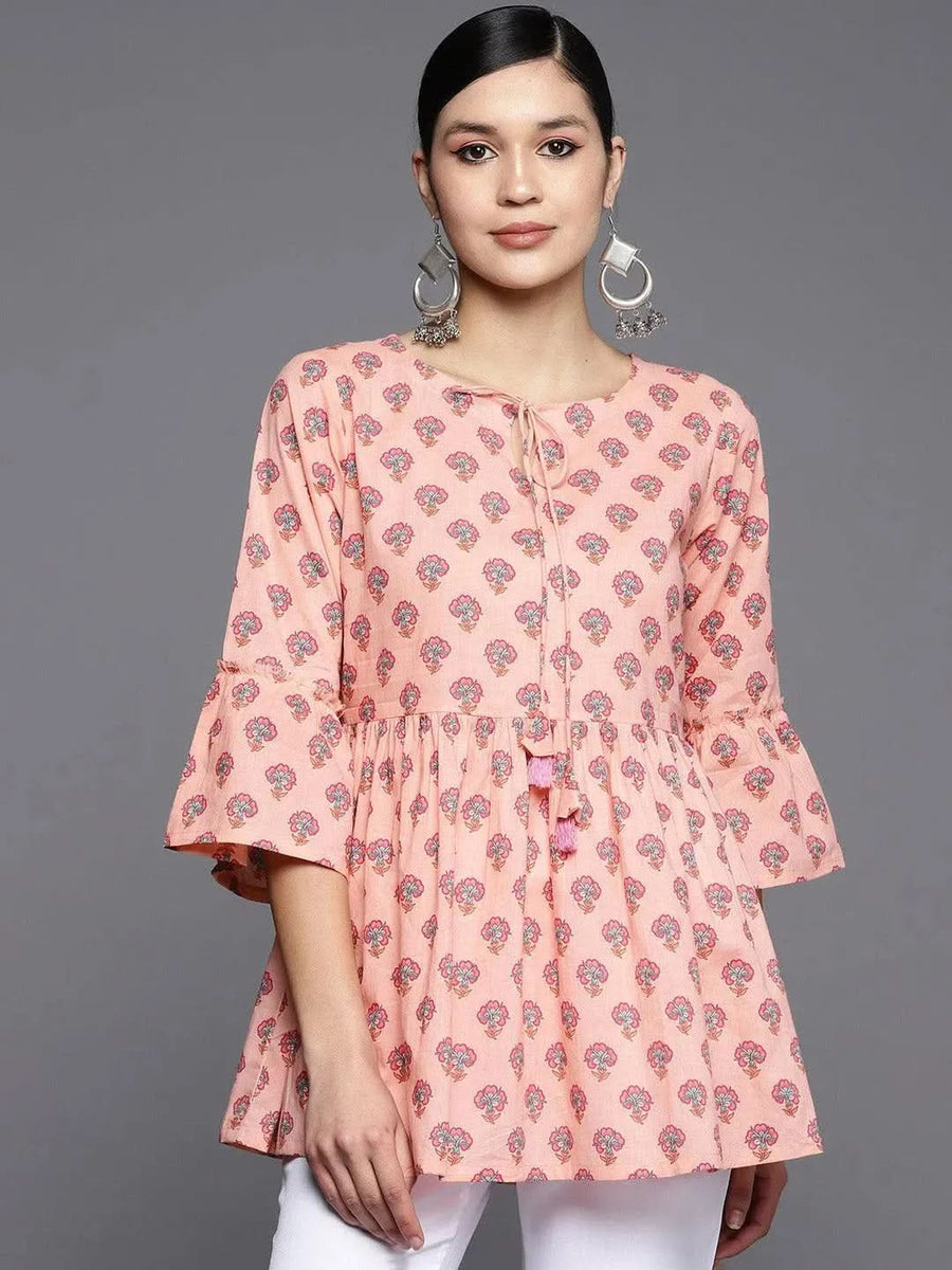 Peach Printed Cotton A-Line Kurta With Trousers