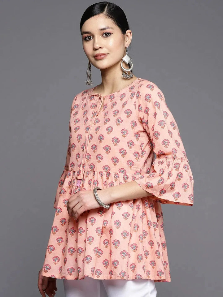 Peach Printed Cotton A-Line Kurti - Libas