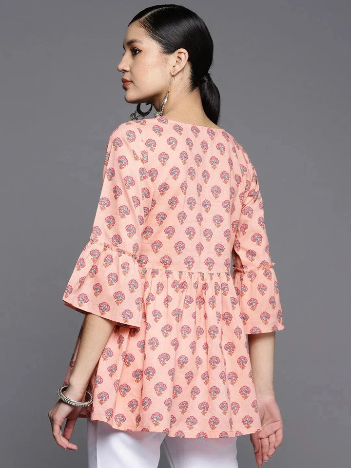 Peach Printed Cotton A-Line Kurti - Libas