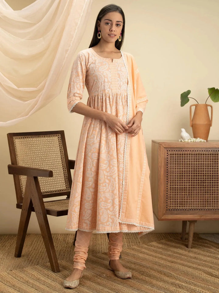 Peach Printed Cotton Suit Set - Libas