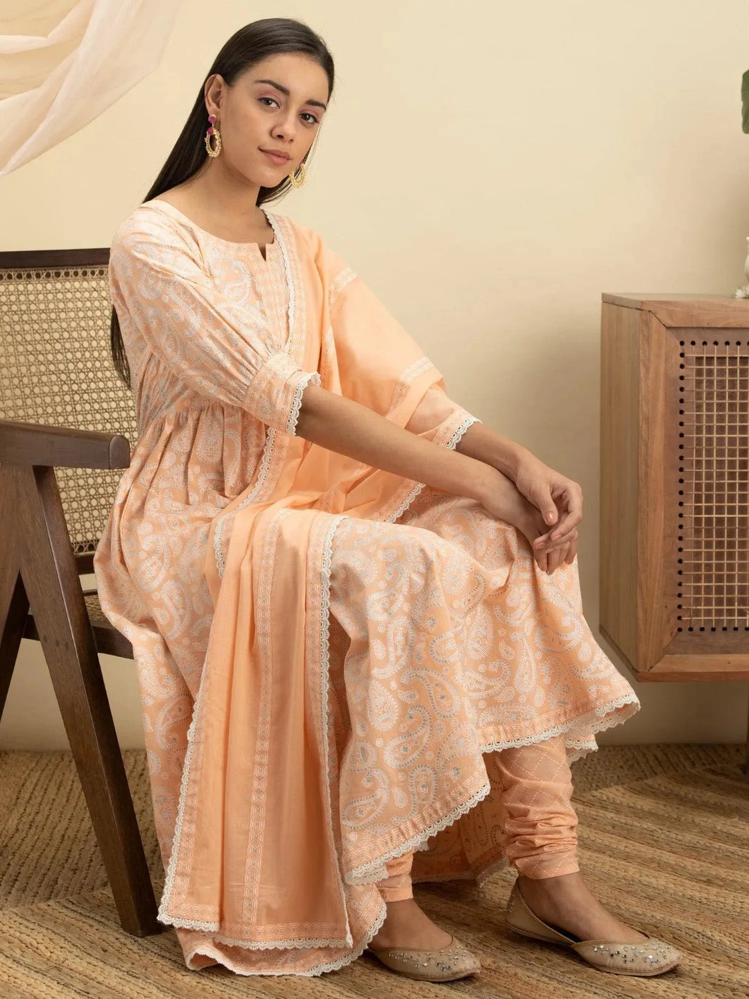 Peach Printed Cotton Suit Set - Libas