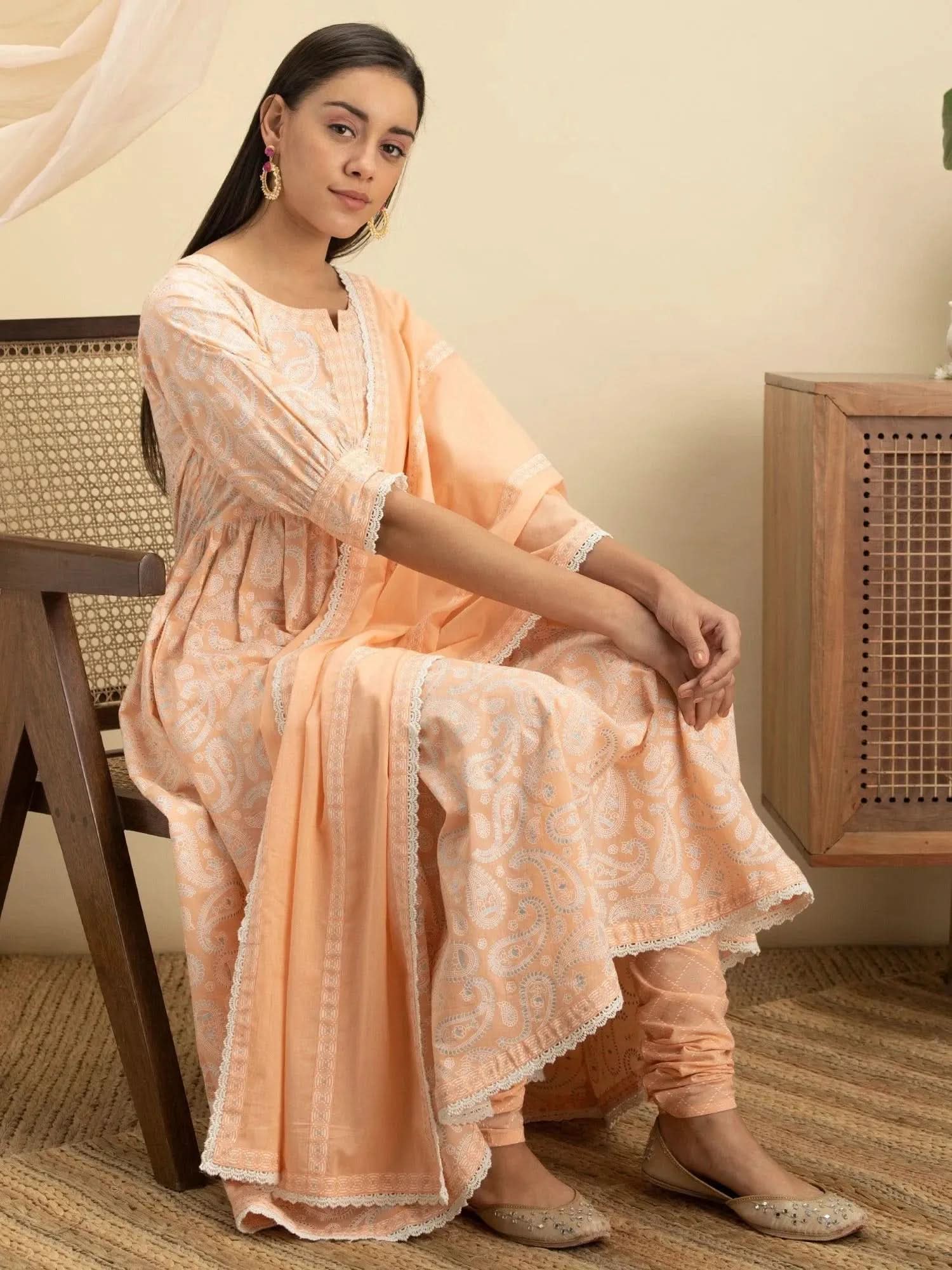 

Buy Peach Cotton Printed Anarkali Kurta With Cotton Churidar And Dupatta Online