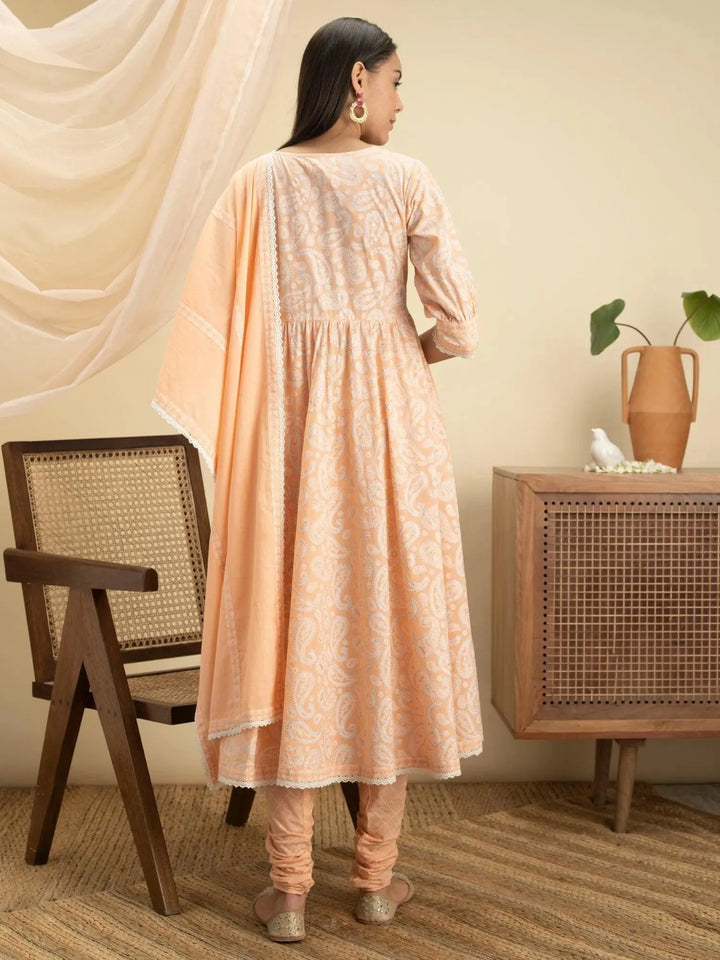 Peach Printed Cotton Suit Set - Libas