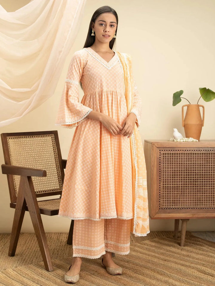 Peach Printed Cotton Suit Set - Libas