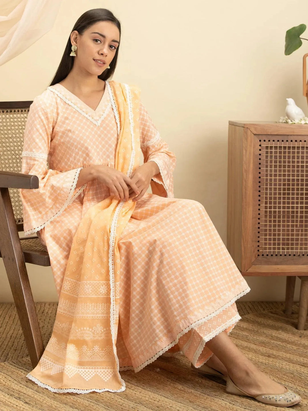 Peach Printed Cotton Suit Set - Libas