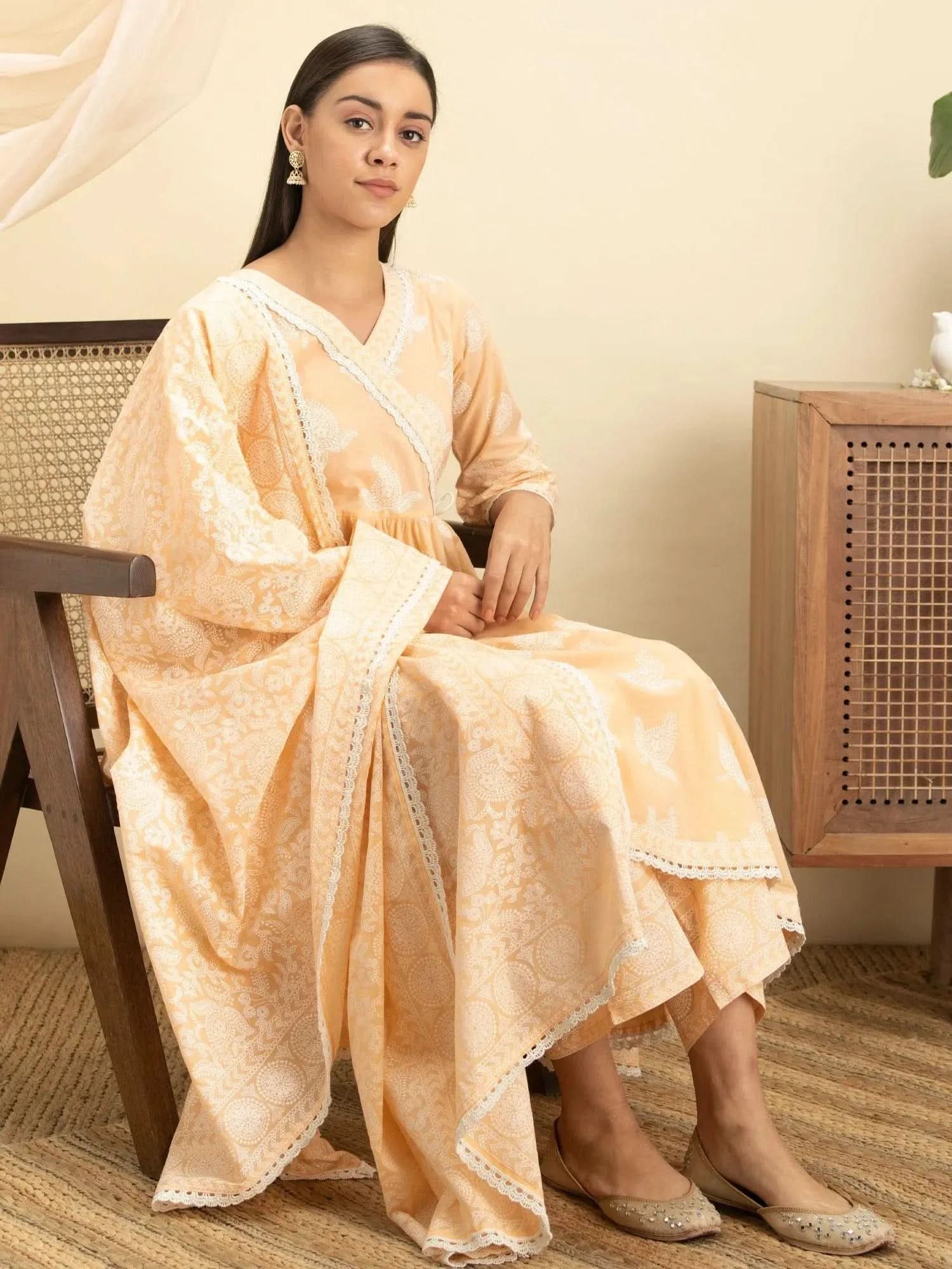 

Buy Peach Cotton Printed Angrakha Kurta With Cotton Palazzo And Dupatta Online