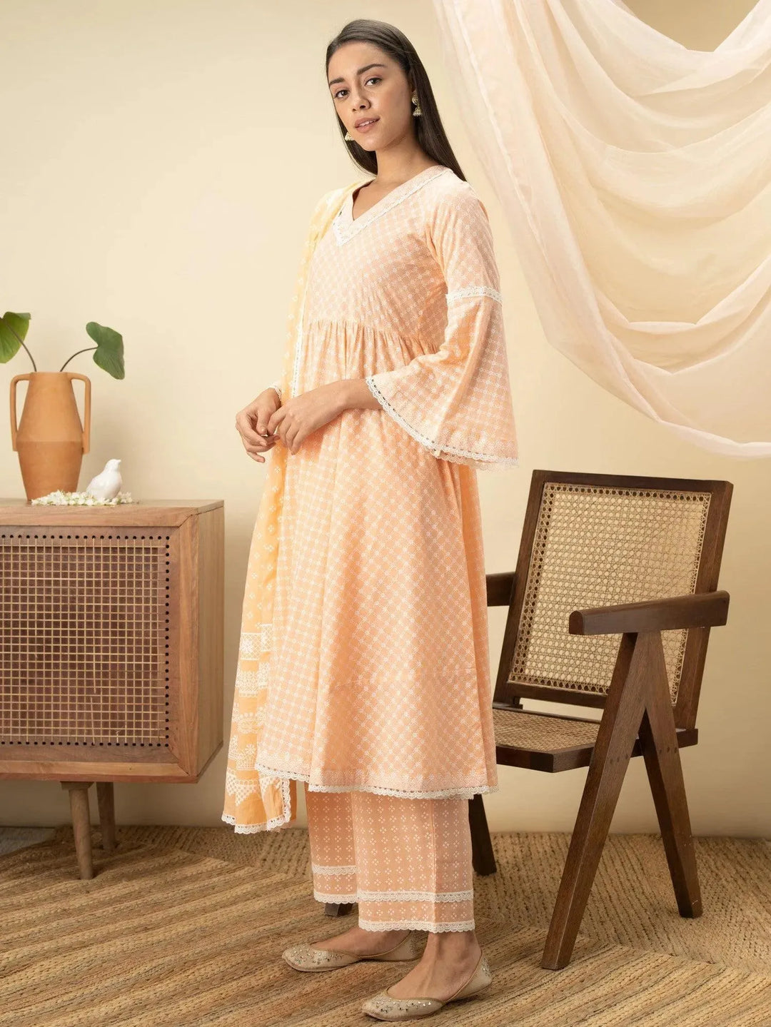 Peach Printed Cotton Suit Set - Libas