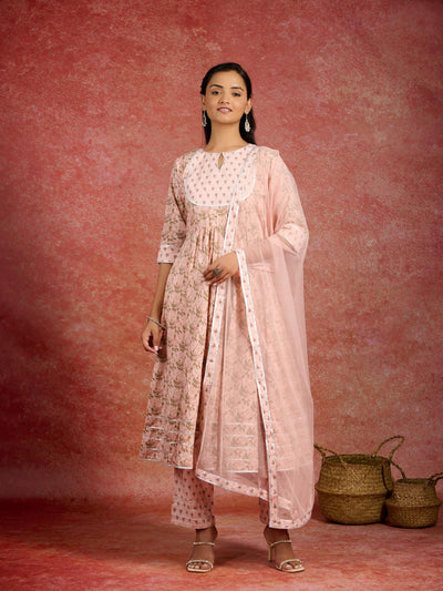 Peach Printed Cotton Anarkali Kurta With Trousers & Dupatta - Libas