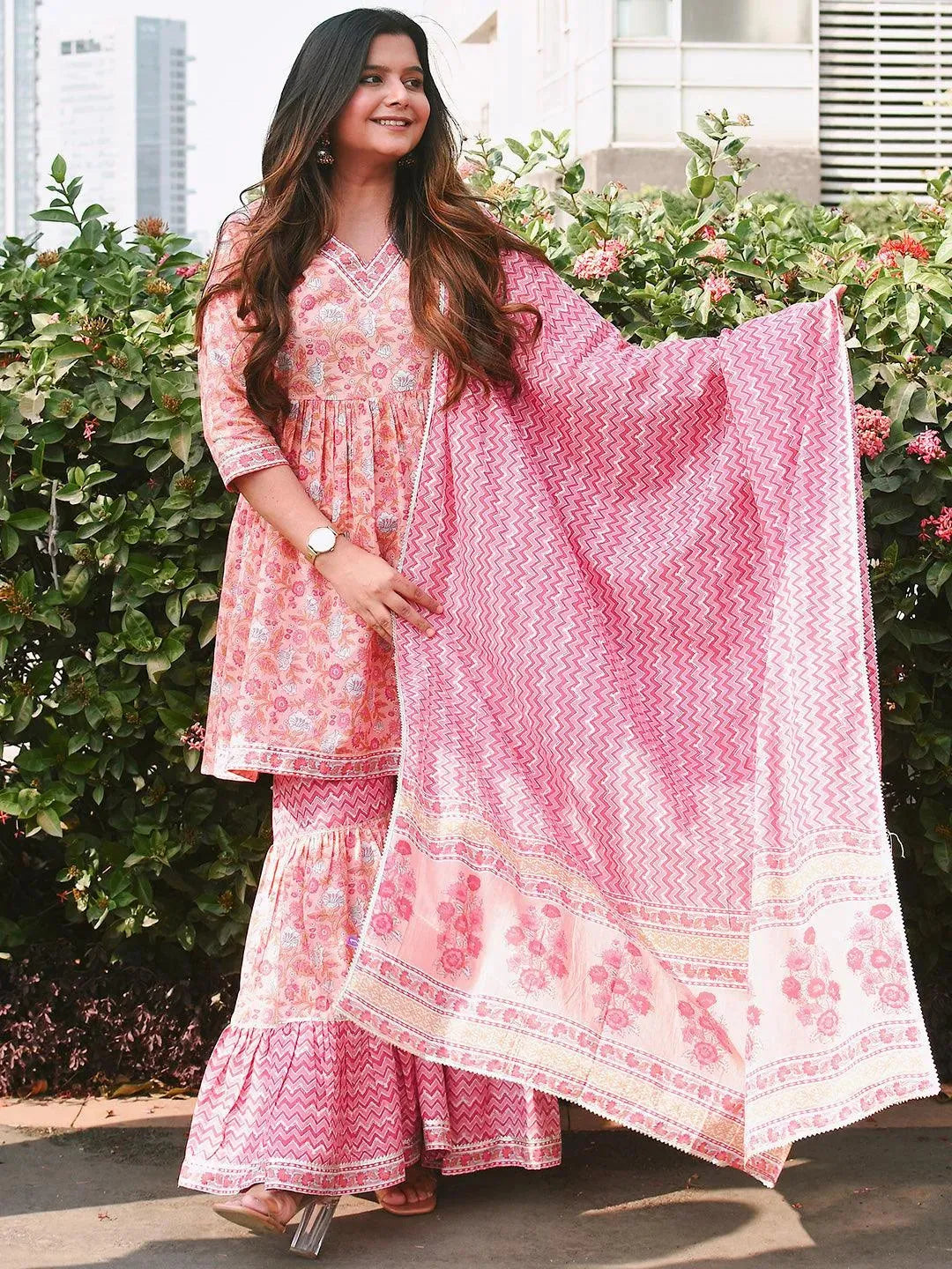 Peach Printed Cotton Anarkali Sharara Suit Set - Libas 