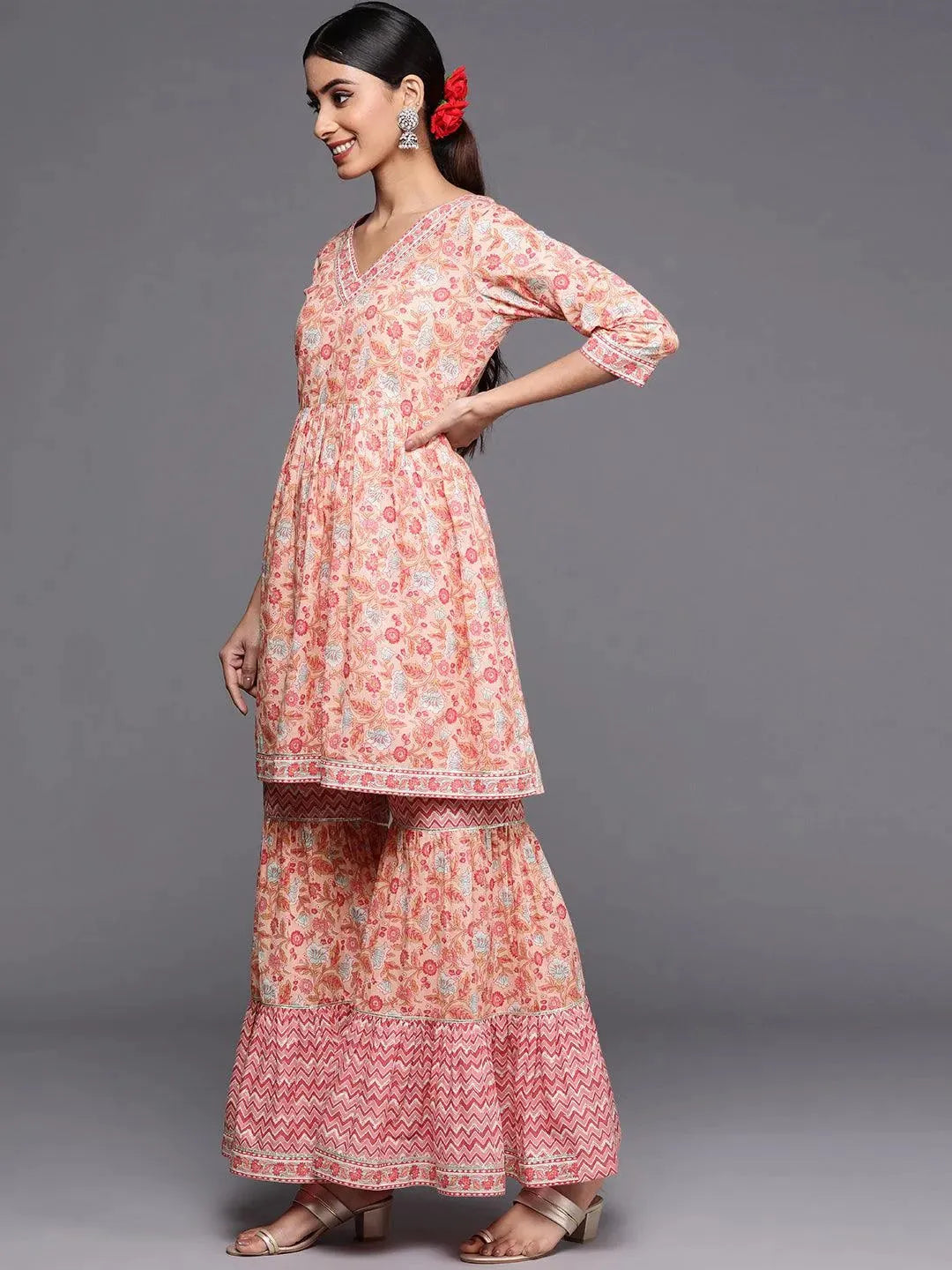 Peach Printed Cotton Anarkali Sharara Suit Set - Libas