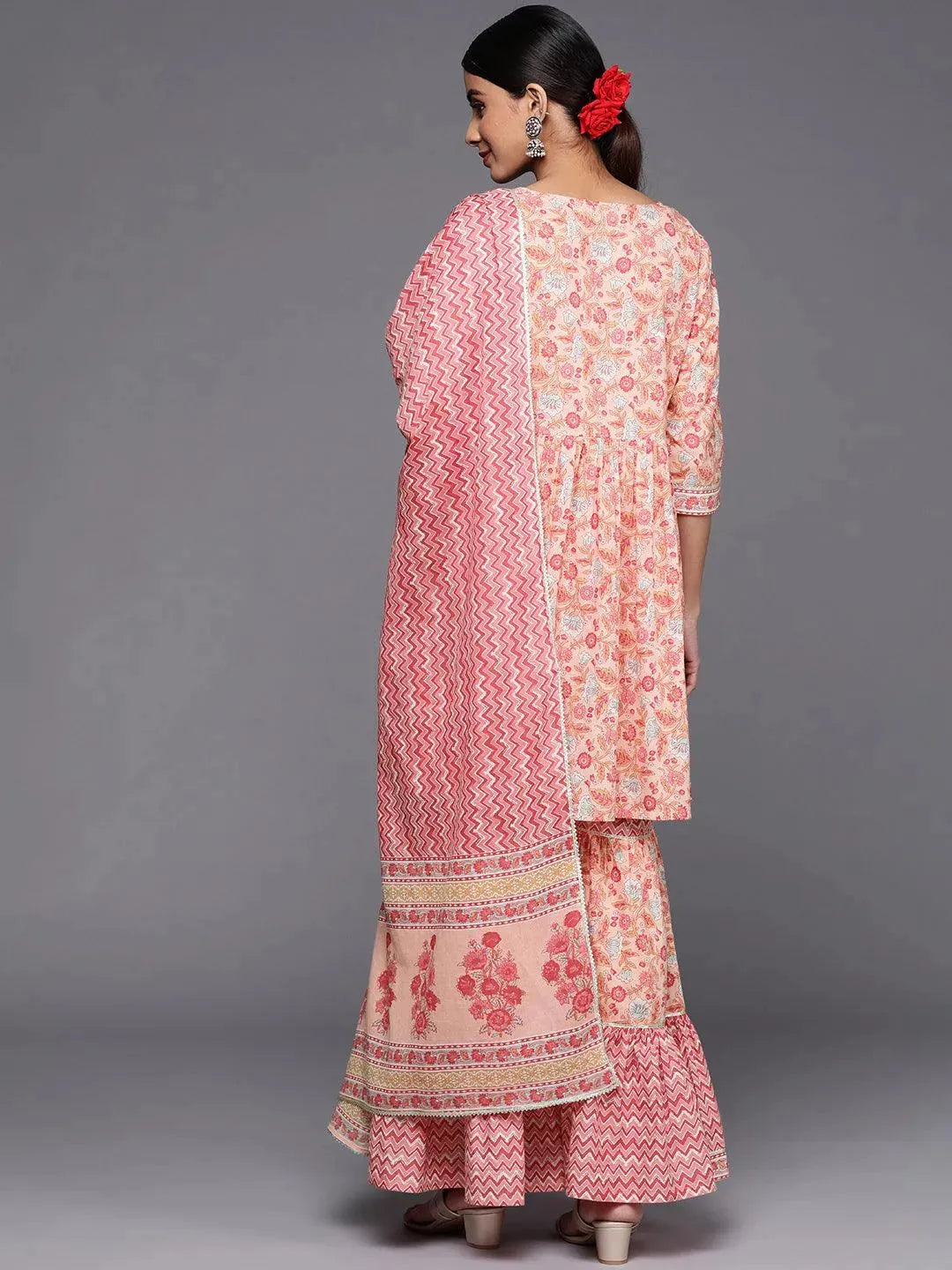 Peach Printed Cotton Anarkali Sharara Suit Set - Libas 