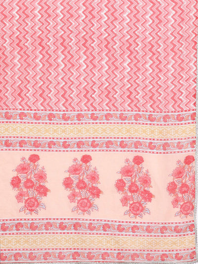 Peach Printed Cotton Anarkali Sharara Suit Set - Libas