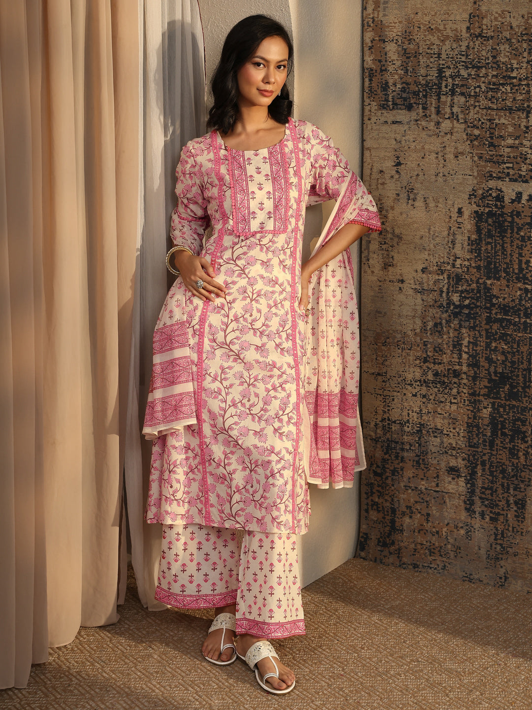 Peach Printed Cotton Anarkali Suit Set With Dupatta