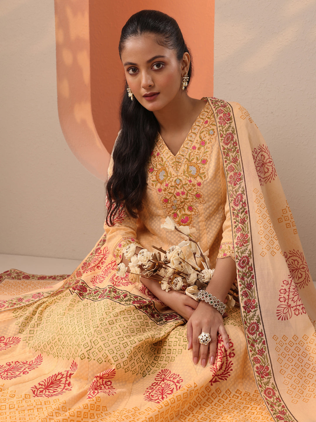 Peach Printed Cotton Anarkali Suit Set With Dupatta