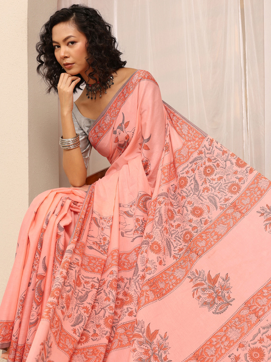 Peach Printed Cotton Blend Saree With Unstitched Blouse Piece