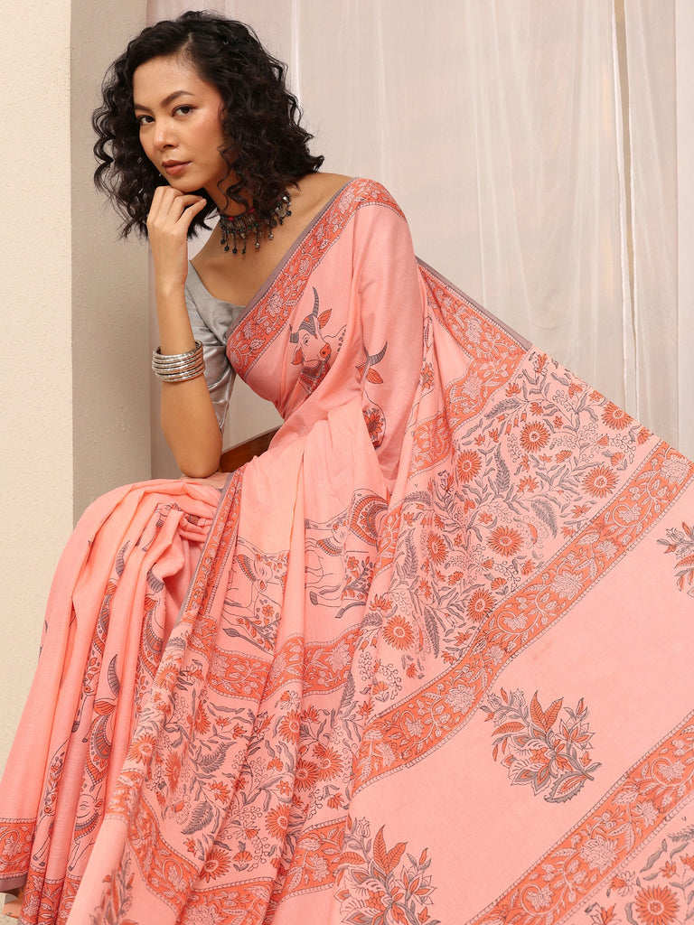 Libas Peach Printed Cotton Blend Saree With Unstitched Blouse Piece