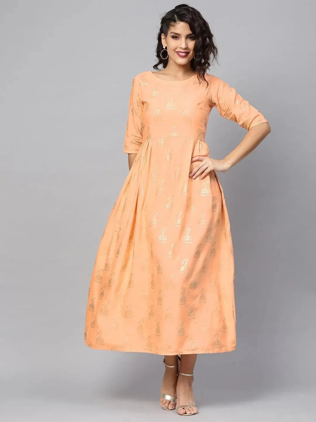 Peach Printed Cotton Dress - Libas