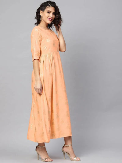 Peach Printed Cotton Dress - Libas