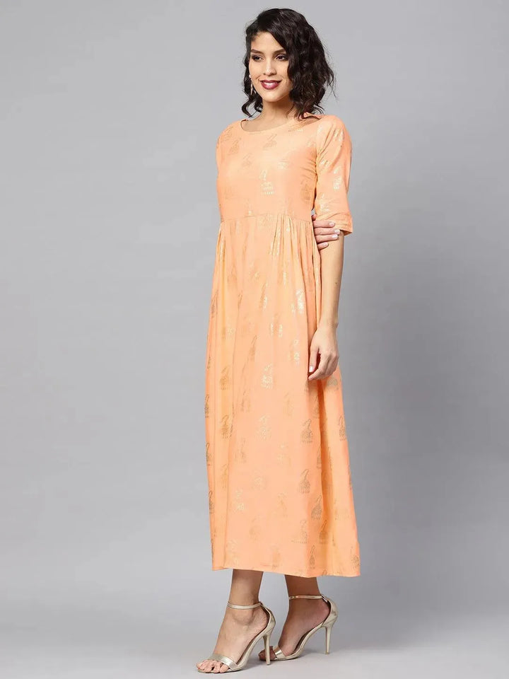 Peach Printed Cotton Dress - Libas