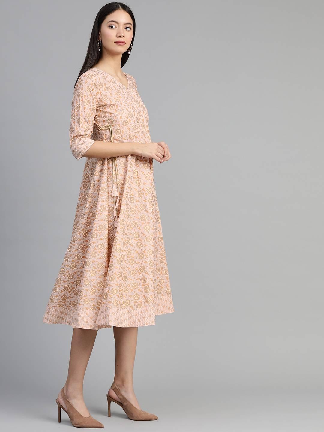 Peach Printed Cotton Dress - Libas