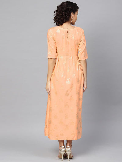 Peach Printed Cotton Dress - Libas