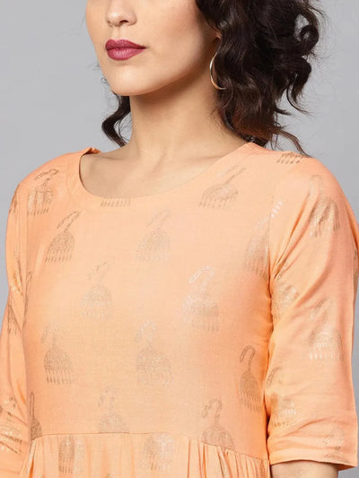 Peach Printed Cotton Dress - Libas