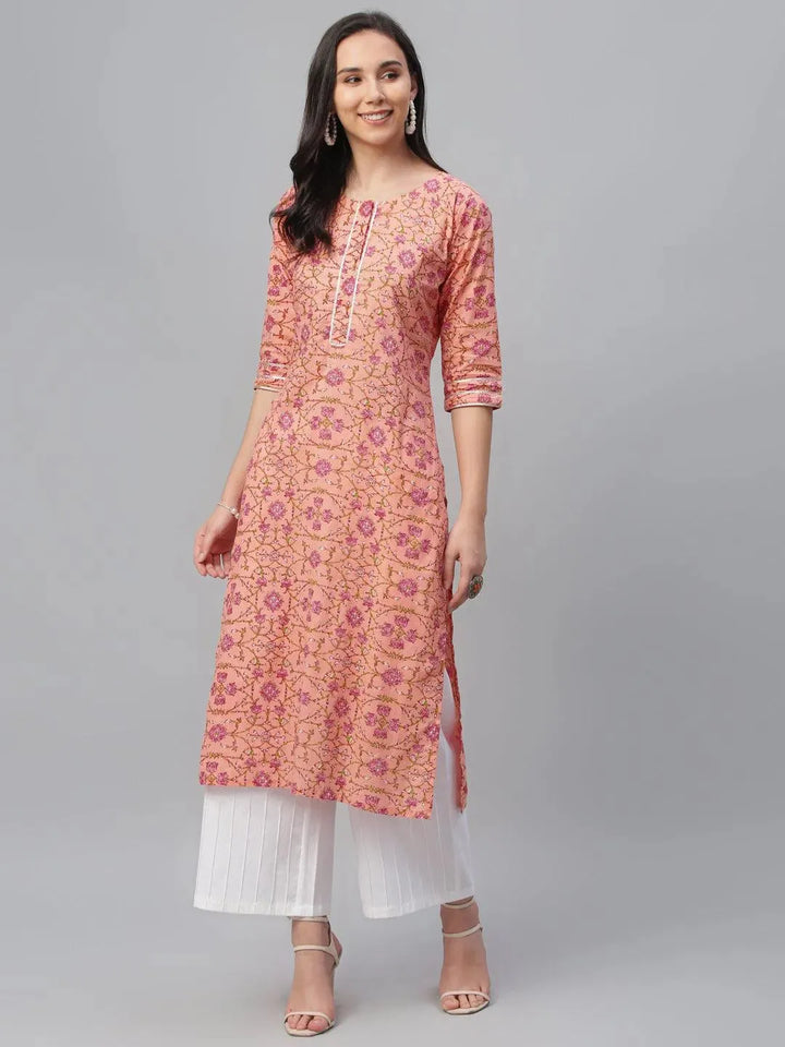 Peach Printed Cotton Kurta - Libas