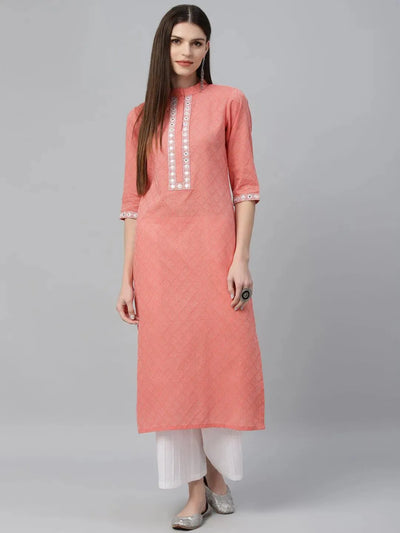 Peach Printed Cotton Kurta - Libas