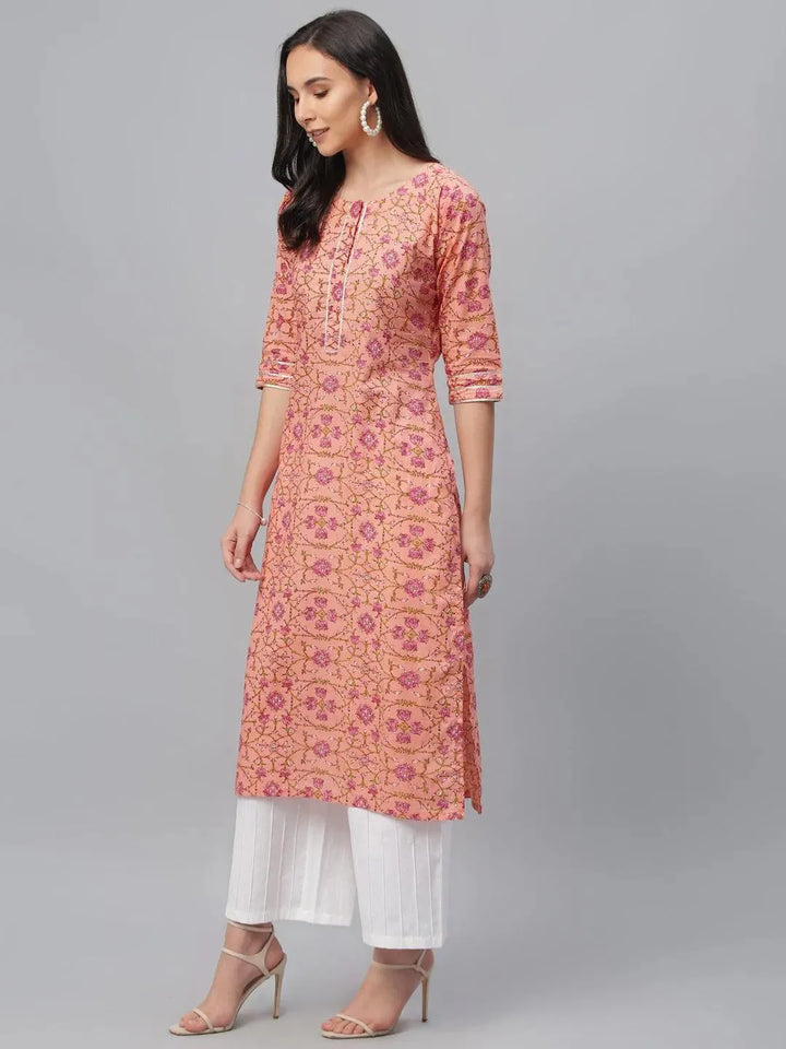 Peach Printed Cotton Kurta - Libas