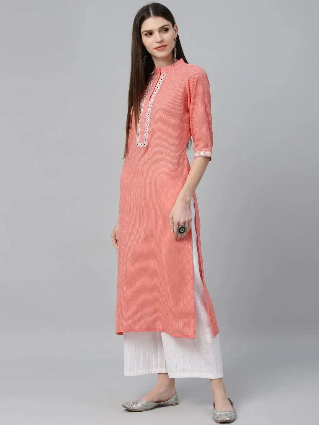 Peach Printed Cotton Kurta - Libas 