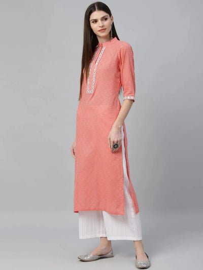 Peach Printed Cotton Kurta - Libas