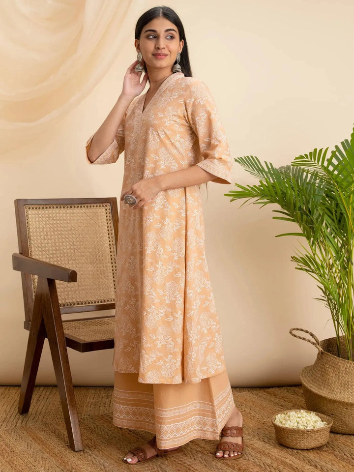 Peach Printed Cotton Kurta - Libas