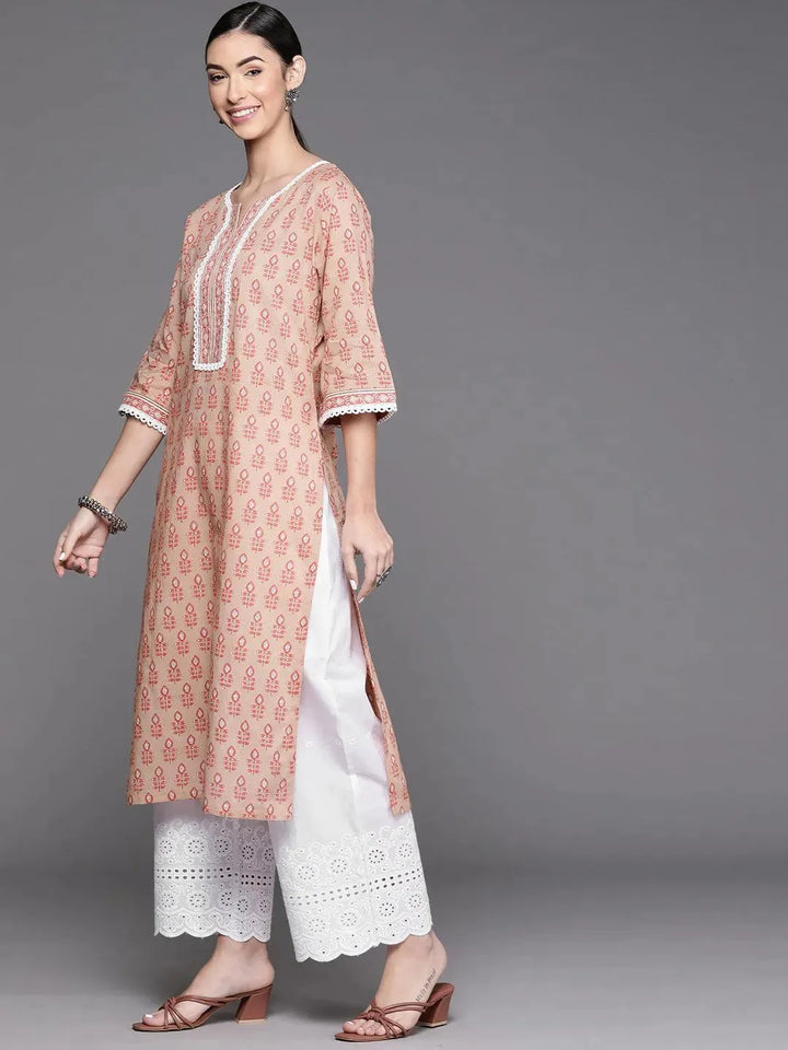 Peach Printed Cotton Kurta - Libas