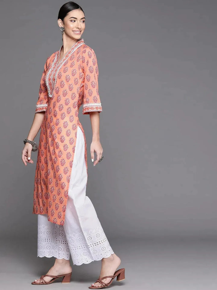 Peach Printed Cotton Kurta - Libas