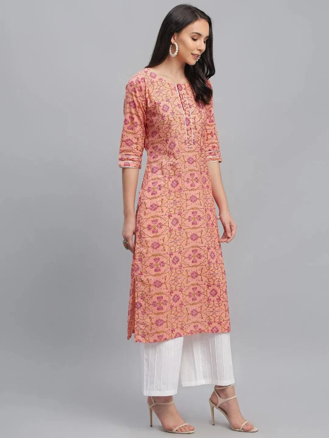 Peach Printed Cotton Kurta - Libas 
