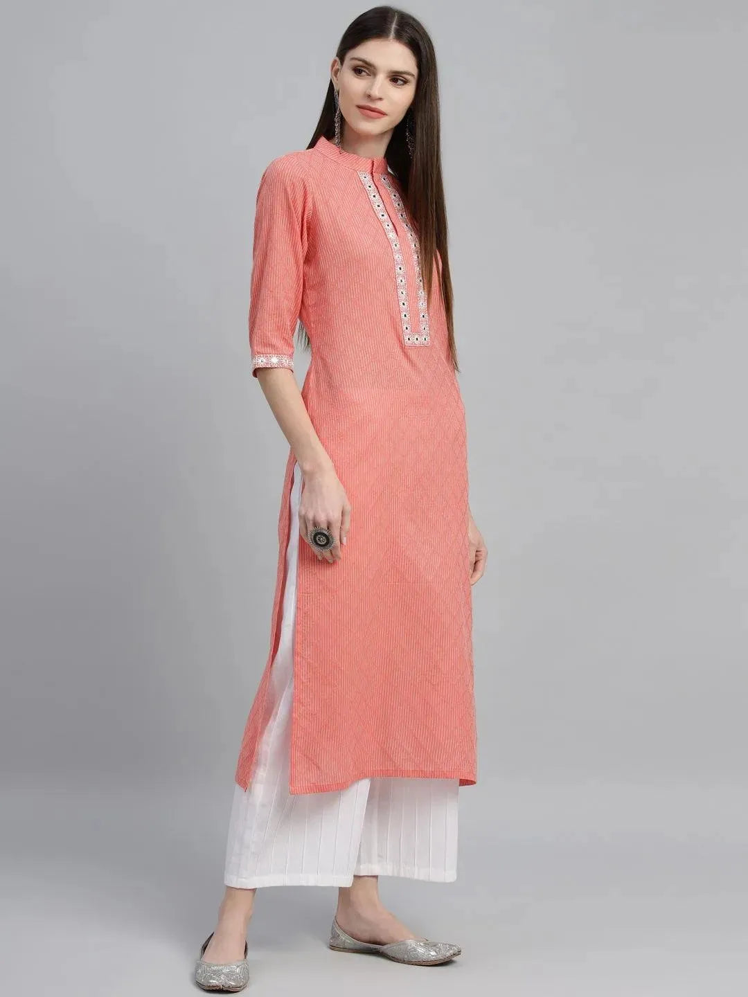 Peach Printed Cotton Kurta - Libas