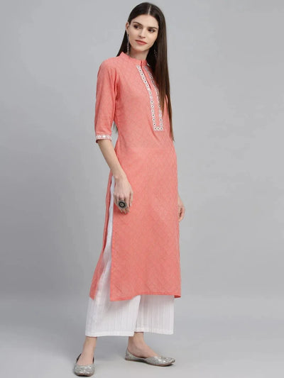Peach Printed Cotton Kurta - Libas