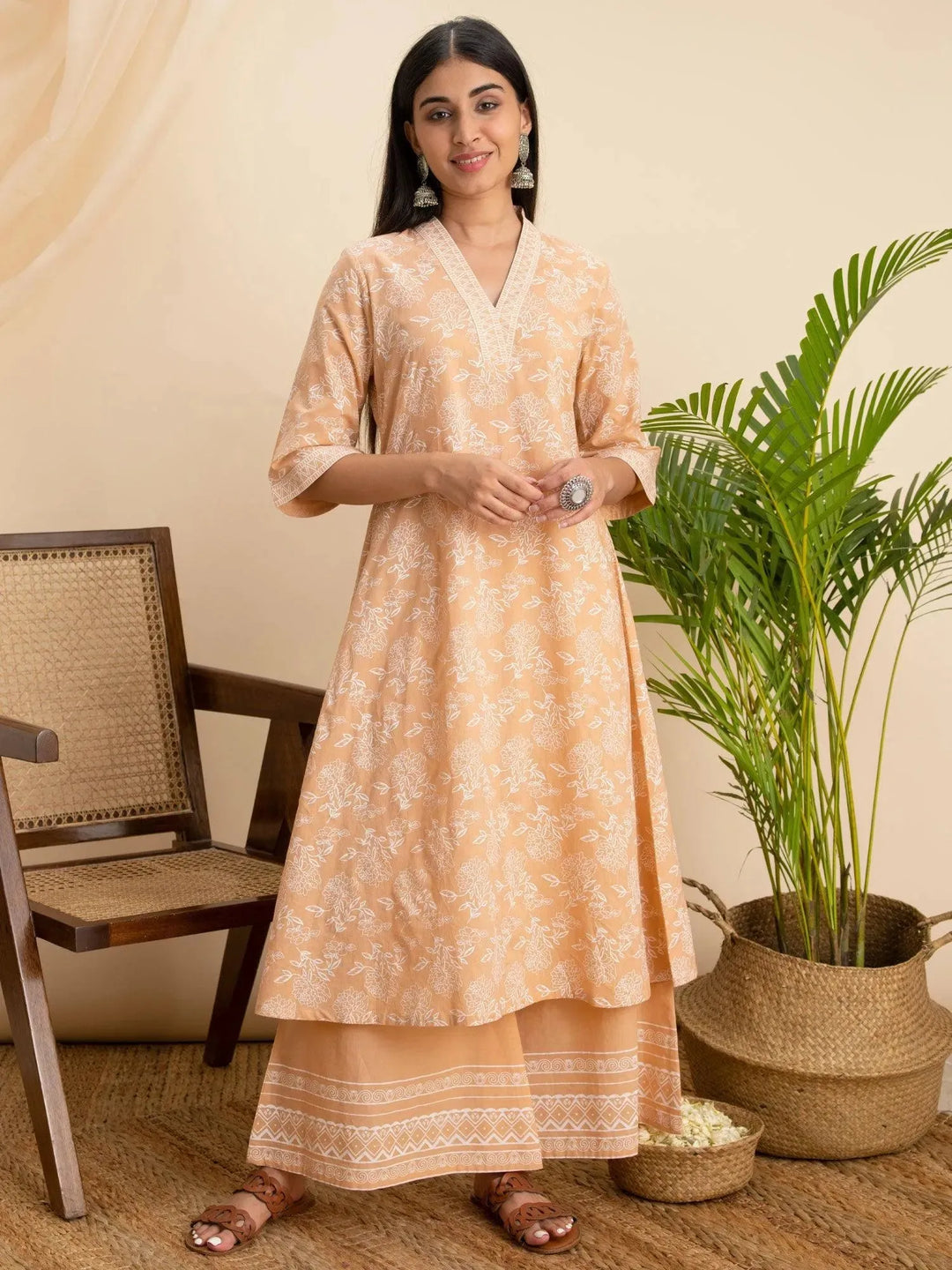 Peach Printed Cotton Kurta - Libas 