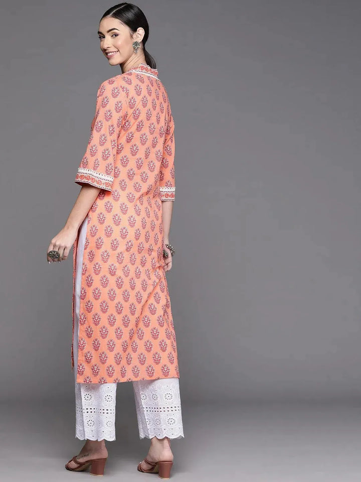 Peach Printed Cotton Kurta - Libas