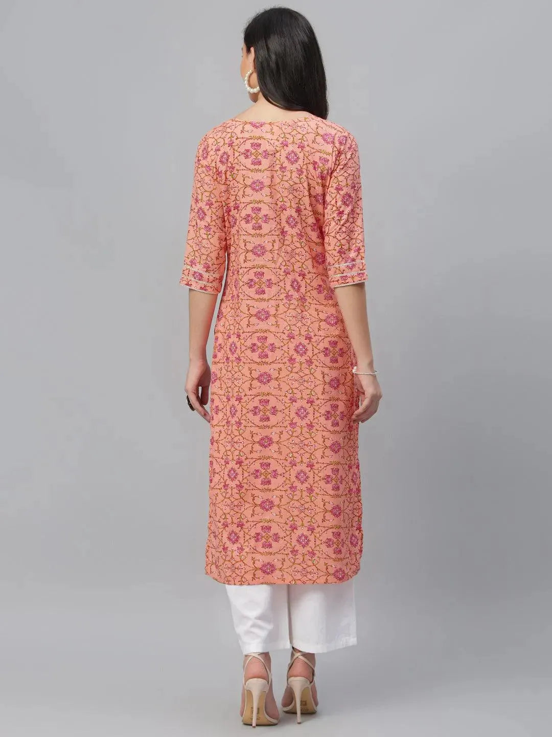 Peach Printed Cotton Kurta - Libas