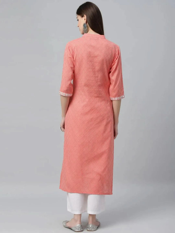 Peach Printed Cotton Kurta - Libas